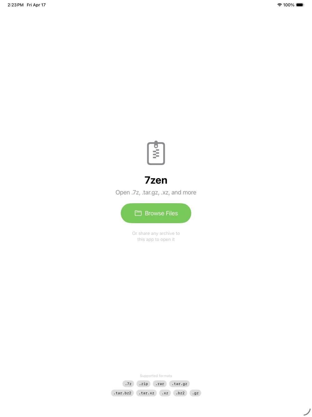 7zen home screen on iPad with a Browse Files button and tags for supported archive formats