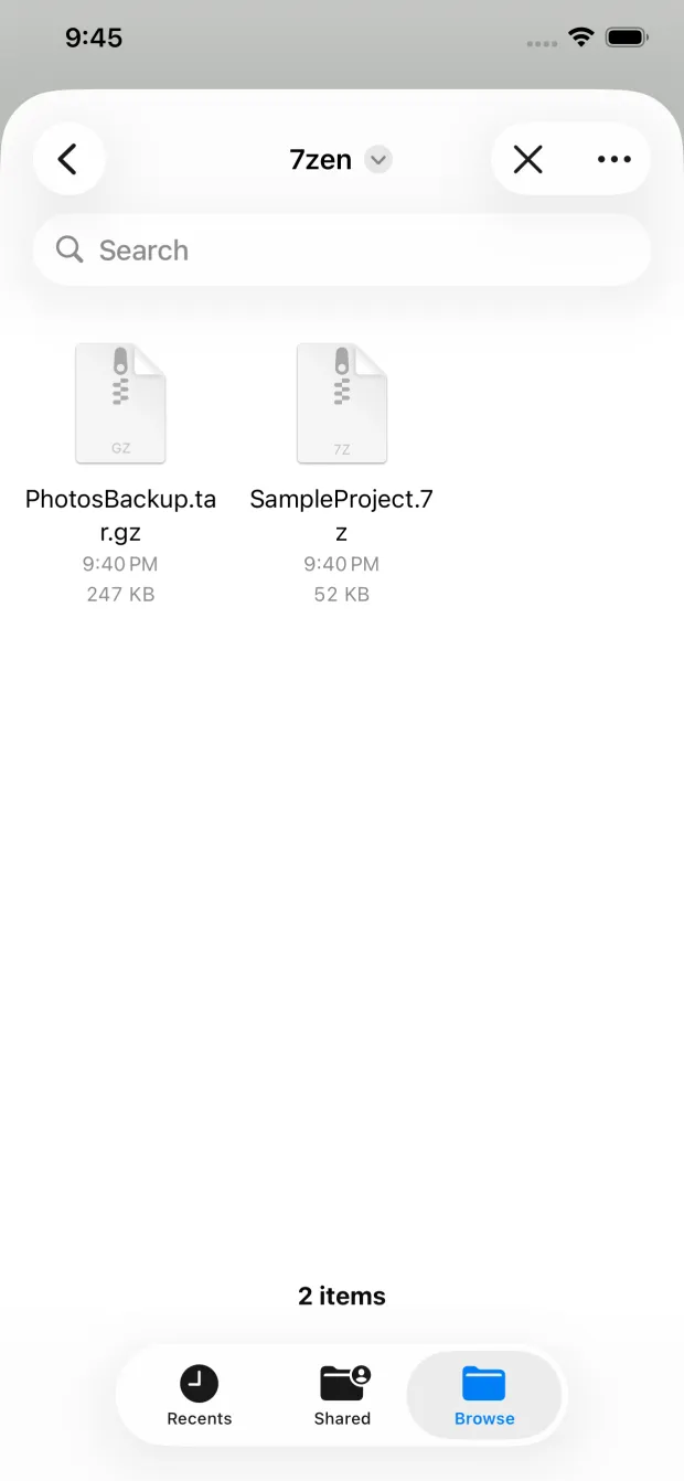 iPhone file picker in 7zen showing a PhotosBackup.tar.gz file