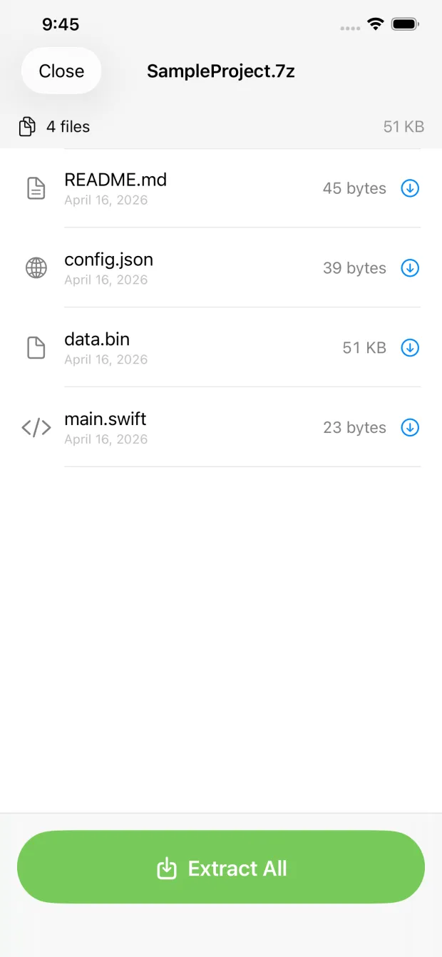 7zen on iPhone listing the files inside a .7z archive